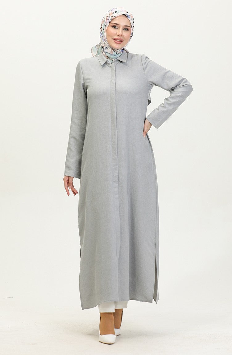 Sefa Merve Shirt Collar Abaya 24019-04 Gray - Image 1