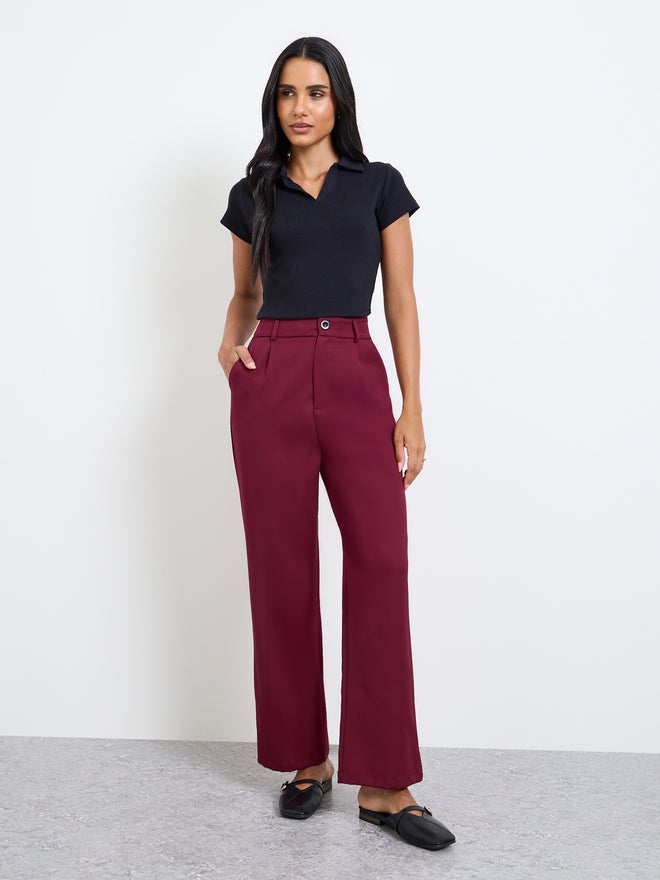 Take Two Burgundy Solid Straight Leg Pants - Image 1