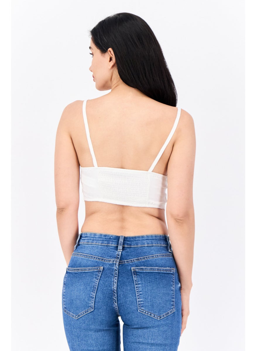 Bershka Women V Neck Sleeveless Textured Tank Top, White  - Image 3
