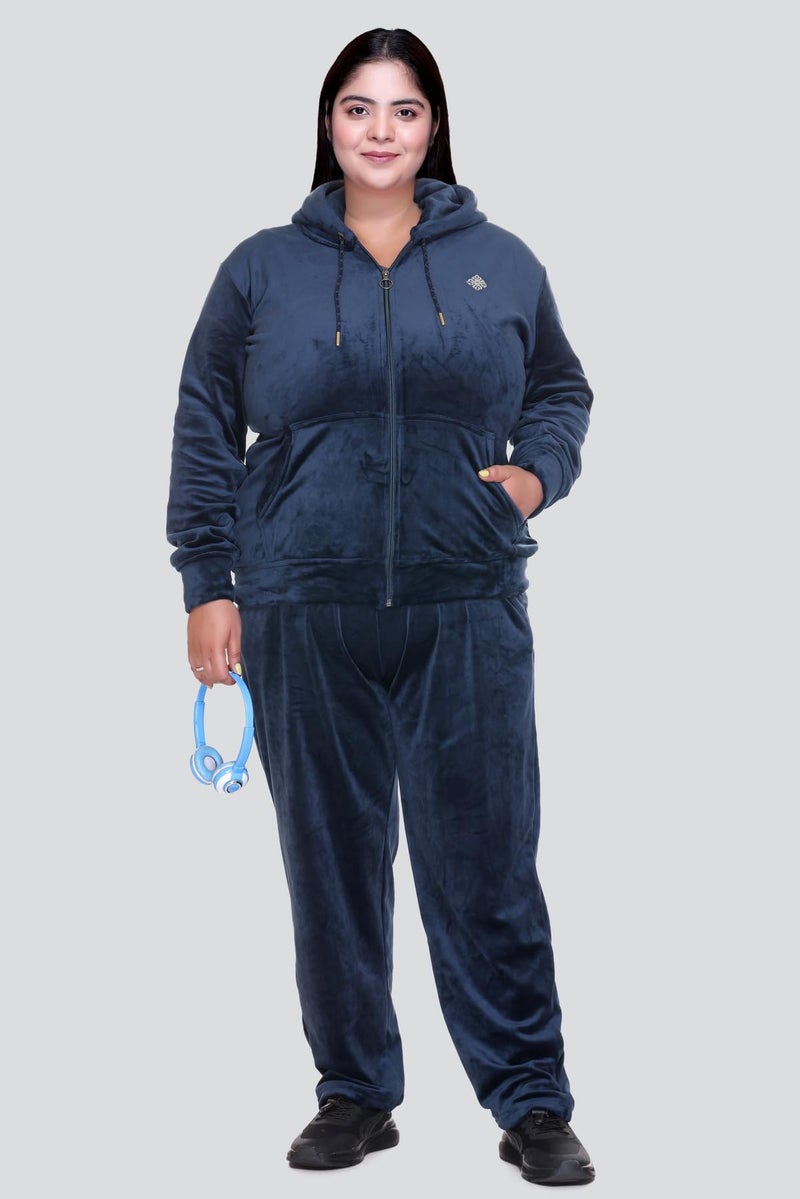 In Love Women's Stylish Zipper Velvet Plus Size Longline Winter Wear Track Suit Night Suit Co-Ord Set - Image 3