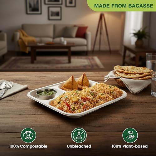 ECO kranti – 3 Compartment Baggase Meal Tray | Pack of 50 | Eco-Friendly, Biodegradable & Compostable | 100% Natural Plant-Based | Long Lasting Plates for Birthday, Wedding, Party & All Events - Image 3