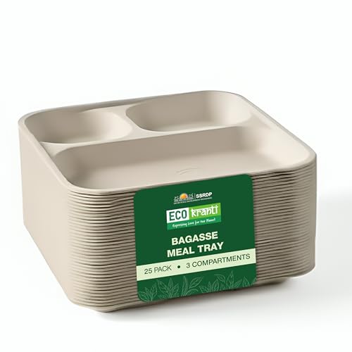 ECO kranti – 3 Compartment Baggase Meal Tray | Pack of 50 | Eco-Friendly, Biodegradable & Compostable | 100% Natural Plant-Based | Long Lasting Plates for Birthday, Wedding, Party & All Events - Image 1