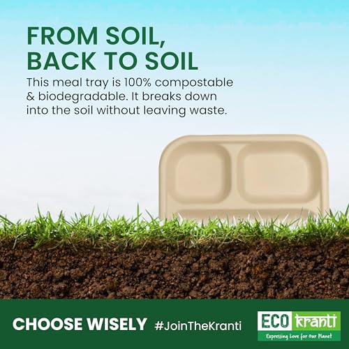 ECO kranti – 3 Compartment Baggase Meal Tray | Pack of 50 | Eco-Friendly, Biodegradable & Compostable | 100% Natural Plant-Based | Long Lasting Plates for Birthday, Wedding, Party & All Events - Image 5