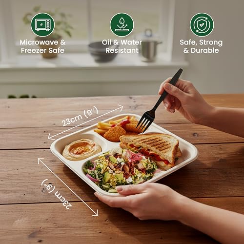 ECO kranti – 3 Compartment Baggase Meal Tray | Pack of 50 | Eco-Friendly, Biodegradable & Compostable | 100% Natural Plant-Based | Long Lasting Plates for Birthday, Wedding, Party & All Events - Image 2