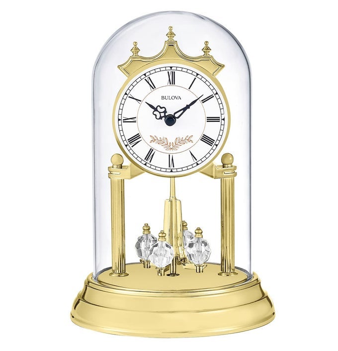 B8821 HEATHER ANNIVERSARY CLOCK 9 GLASS DOME DESIGN ROTATING CRYSTAL PENDULUM WESTMINSTER CHIME ENGRAVING PLATE