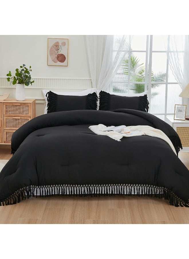 Andency - Andency Black Comforter Set King, 3 Pieces Boho Tassel Lightweight Soft Bedding Comforter Sets for King Bed, All Season Fluffy Fringe Bed Set (104x90In Comforter & 2 Pillowcases) - Image 1