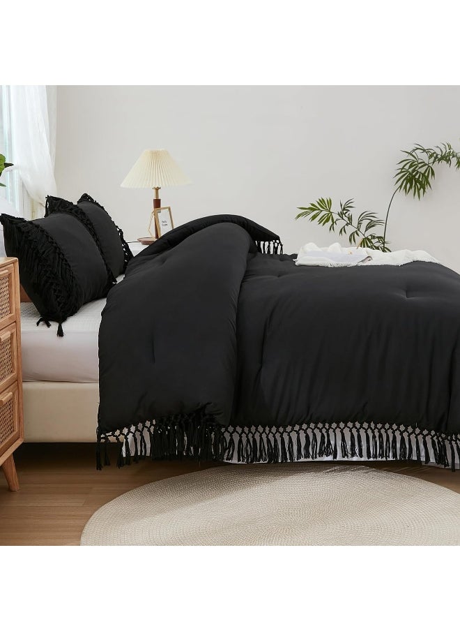 Andency - Andency Black Comforter Set King, 3 Pieces Boho Tassel Lightweight Soft Bedding Comforter Sets for King Bed, All Season Fluffy Fringe Bed Set (104x90In Comforter & 2 Pillowcases) - Image 1