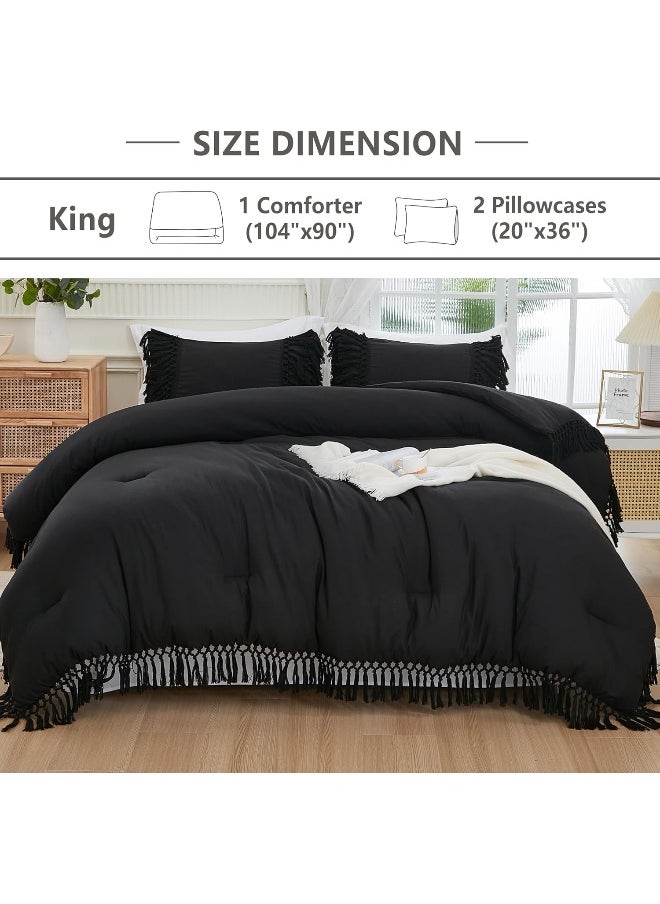 Andency - Andency Black Comforter Set King, 3 Pieces Boho Tassel Lightweight Soft Bedding Comforter Sets for King Bed, All Season Fluffy Fringe Bed Set (104x90In Comforter & 2 Pillowcases) - Image 1