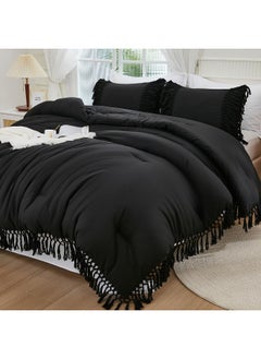 Andency Black Comforter Set King, 3 Pieces Boho Tassel Lightweight Soft Bedding Comforter Sets for King Bed, All Season Fluffy Fringe Bed Set (104x90In Comforter & 2 Pillowcases)