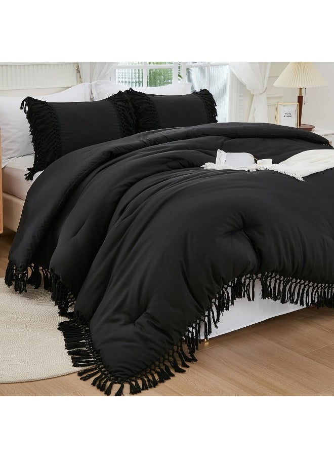 Andency - Andency Black Comforter Set King, 3 Pieces Boho Tassel Lightweight Soft Bedding Comforter Sets for King Bed, All Season Fluffy Fringe Bed Set (104x90In Comforter & 2 Pillowcases) - Image 1