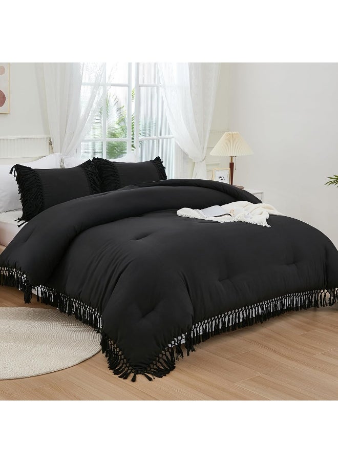 Andency - Andency Black Comforter Set King, 3 Pieces Boho Tassel Lightweight Soft Bedding Comforter Sets for King Bed, All Season Fluffy Fringe Bed Set (104x90In Comforter & 2 Pillowcases) - Image 1