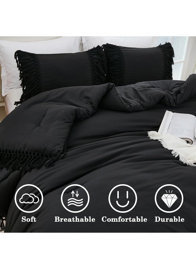 Andency - Andency Black Comforter Set King, 3 Pieces Boho Tassel Lightweight Soft Bedding Comforter Sets for King Bed, All Season Fluffy Fringe Bed Set (104x90In Comforter & 2 Pillowcases) - Image 1