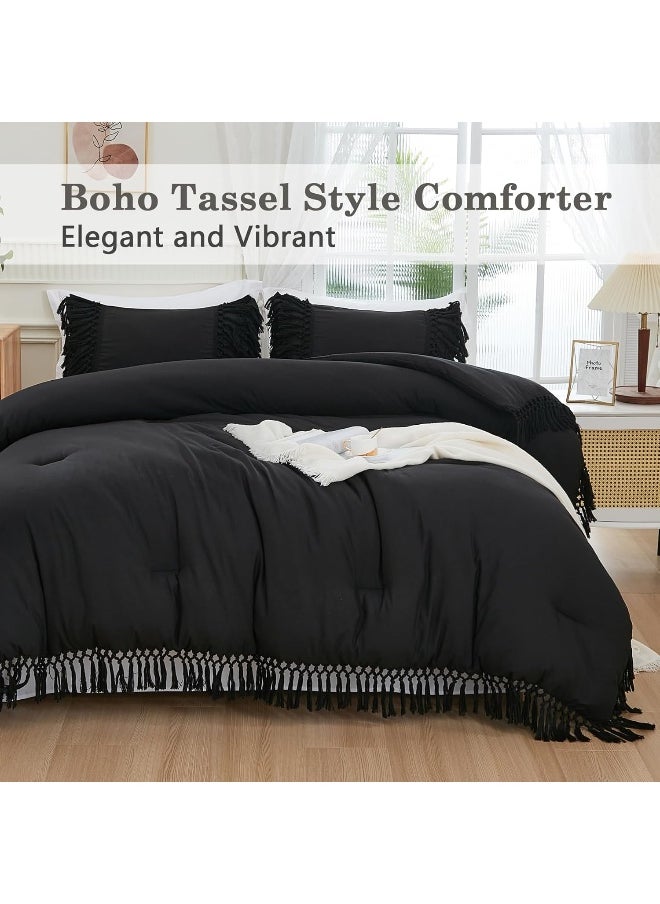 Andency - Andency Black Comforter Set King, 3 Pieces Boho Tassel Lightweight Soft Bedding Comforter Sets for King Bed, All Season Fluffy Fringe Bed Set (104x90In Comforter & 2 Pillowcases) - Image 1