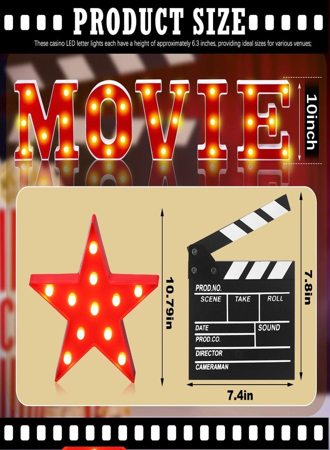 Aurelema 7 Pcs Large Movie Light up Letters Sign LED Movie Night Party Decorations Include Movie Letters Film Clap Board and Marquee Star Sign for Movie Night Party Table Centerpieces(10'' Height) - Image 2