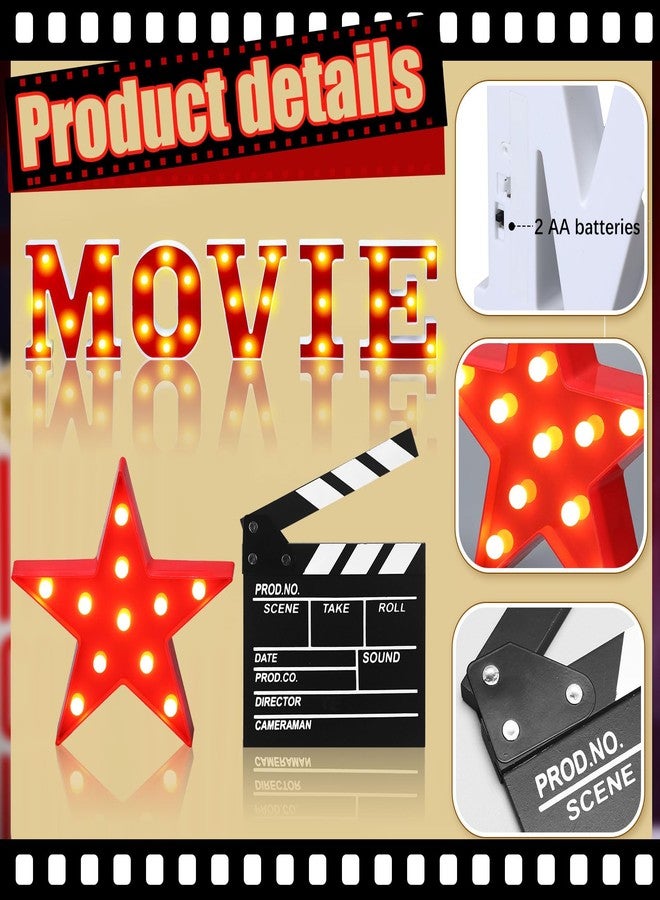 Aurelema 7 Pcs Large Movie Light up Letters Sign LED Movie Night Party Decorations Include Movie Letters Film Clap Board and Marquee Star Sign for Movie Night Party Table Centerpieces(10'' Height) - Image 3