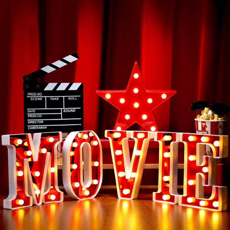 Aurelema 7 Pcs Large Movie Light up Letters Sign LED Movie Night Party Decorations Include Movie Letters Film Clap Board and Marquee Star Sign for Movie Night Party Table Centerpieces(10'' Height) - Image 1
