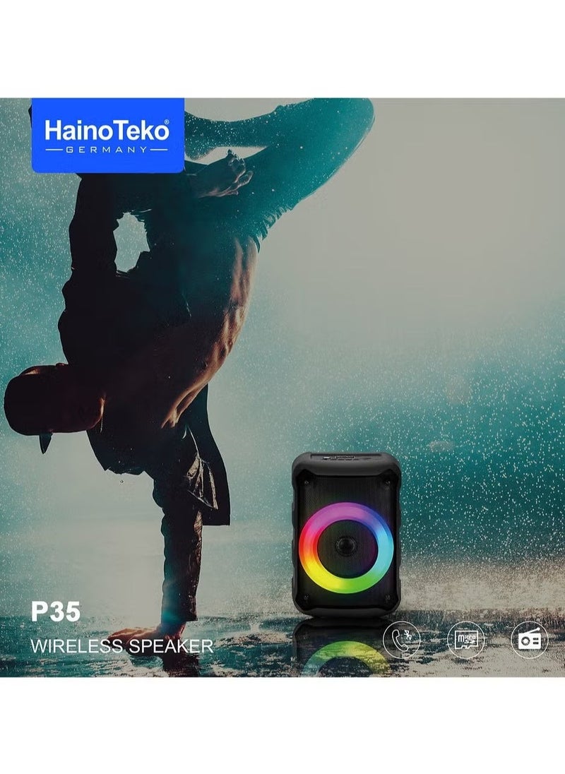 Haino Teko P35 Portable Wireless Bluetooth Speaker with RGB Lights, Built-in Microphone, Crystal Clear Sound, Compact Design – Powerful Performance, Long Battery Life – Ideal for Parties, Outdoor, and Home Use – Black  - Image 2