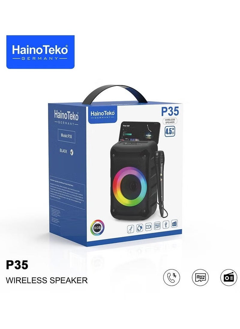 Haino Teko P35 Portable Wireless Bluetooth Speaker with RGB Lights, Built-in Microphone, Crystal Clear Sound, Compact Design – Powerful Performance, Long Battery Life – Ideal for Parties, Outdoor, and Home Use – Black  - Image 5