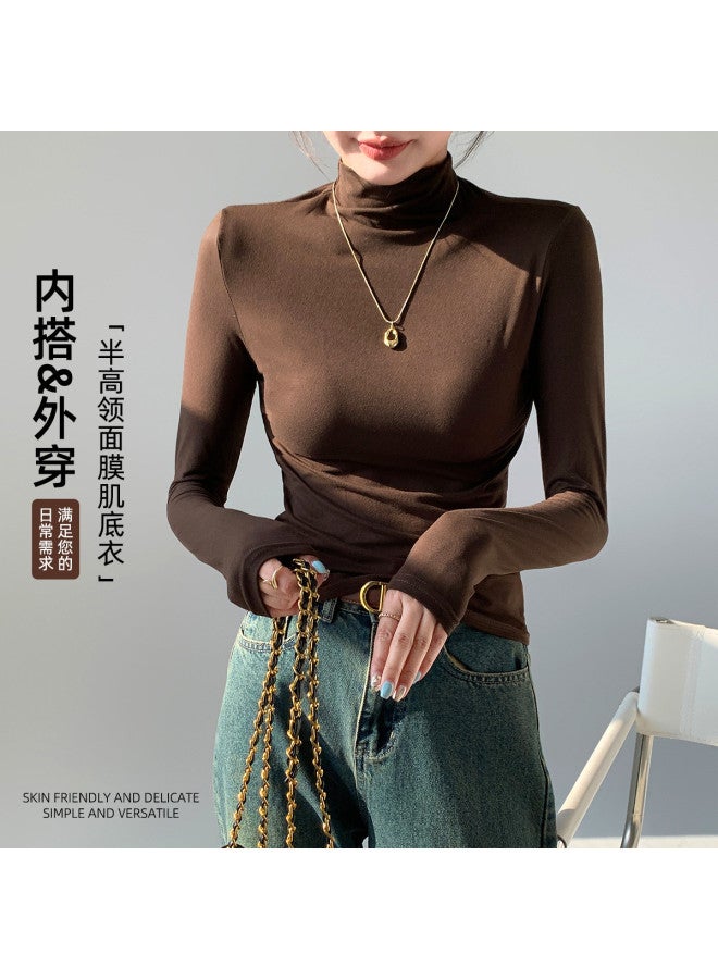 Modal Spring And Autumn Semi-High Neck Base Shirt Women, Simple Casual Inner Wear, High-End Long Sleeve Knitted Slim Top For Women - Image 3