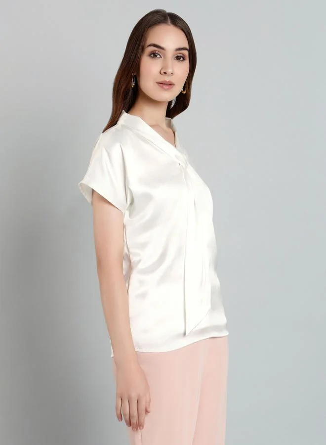 Mish  Solid Satin Regular Fit Top with Tie Details for Women | Best Price UAE