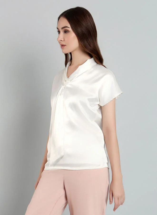 Mish  Solid Satin Regular Fit Top with Tie Details for Women | Best Price UAE