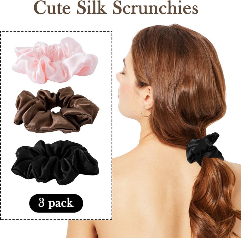 Silk Scrunchies Set,19 Momme 100% Natural Mulberry Silk Elestics Hair Ties, Hair Accessories Designed to Be Soft and Less Pulling Best For Women And Girls'Hair (3 Pack, Brown, Black, Pink) - Image 2