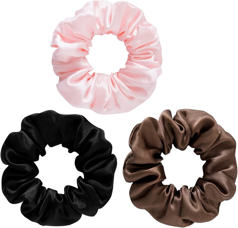 Silk Scrunchies Set,19 Momme 100% Natural Mulberry Silk Elestics Hair Ties, Hair Accessories Designed to Be Soft and Less Pulling Best For Women And Girls'Hair (3 Pack, Brown, Black, Pink) - Image 1