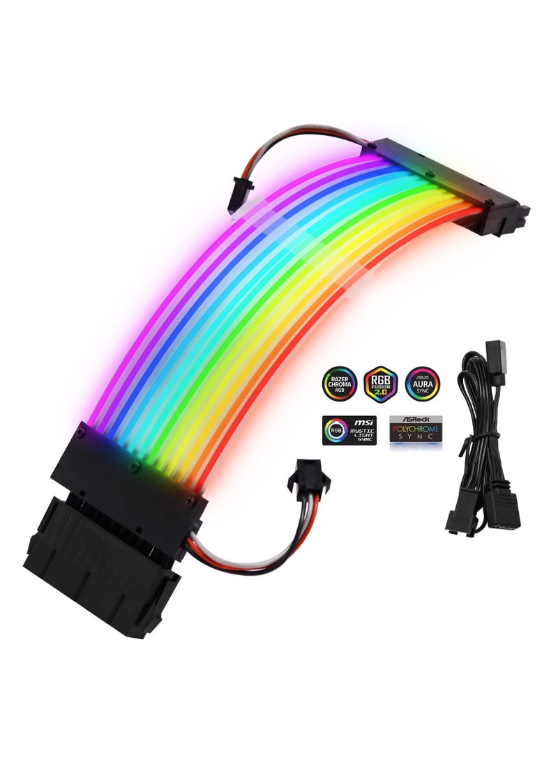 KASTWAVE - Power Supply Sleeved Cable, Customization 24 Pin ATX RGB Cable Extension Kit 16AWG, 5V 3Pin Synchronized PSU Cable for RGB Software from All Major Motherboard Cable Management - Image 1