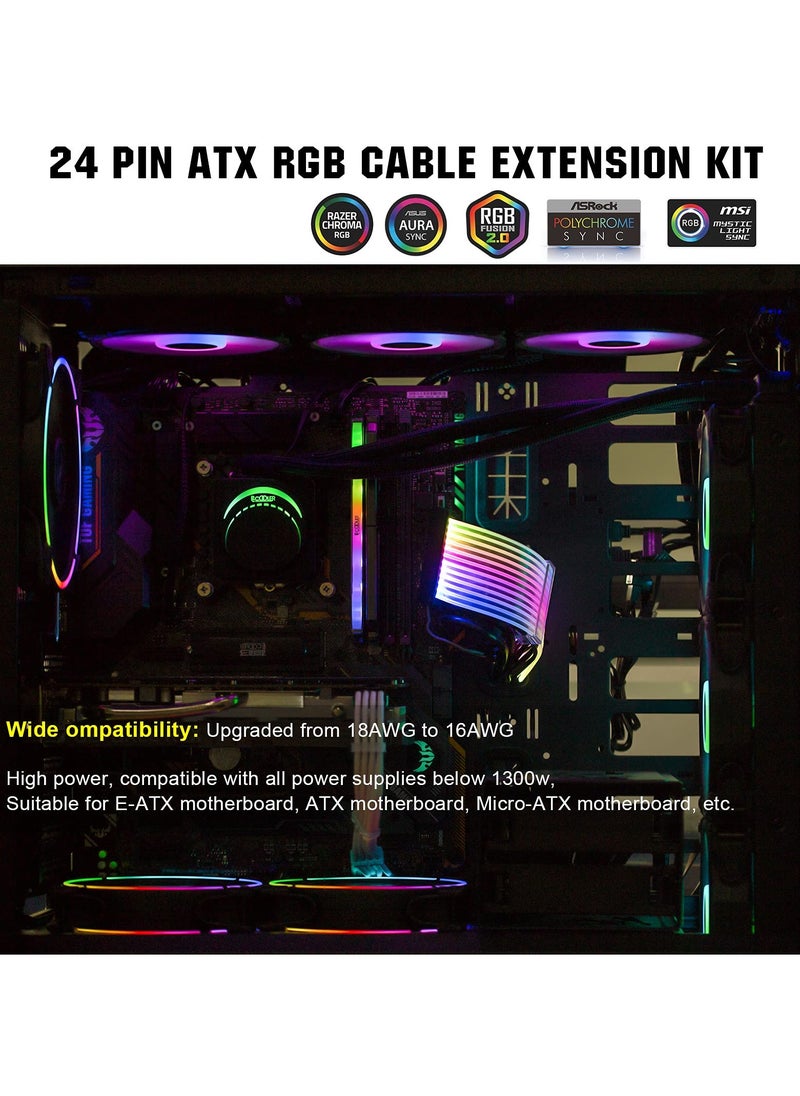 KASTWAVE - Power Supply Sleeved Cable, Customization 24 Pin ATX RGB Cable Extension Kit 16AWG, 5V 3Pin Synchronized PSU Cable for RGB Software from All Major Motherboard Cable Management - Image 1
