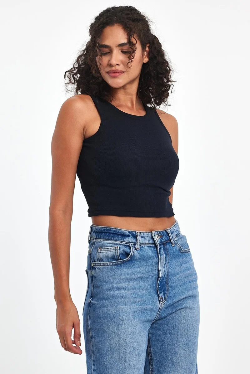 mmetalic Women's Navy Blue Ribbed Look Strappy Thick Flexible Knitted Basic Crop Tank Top Blouse