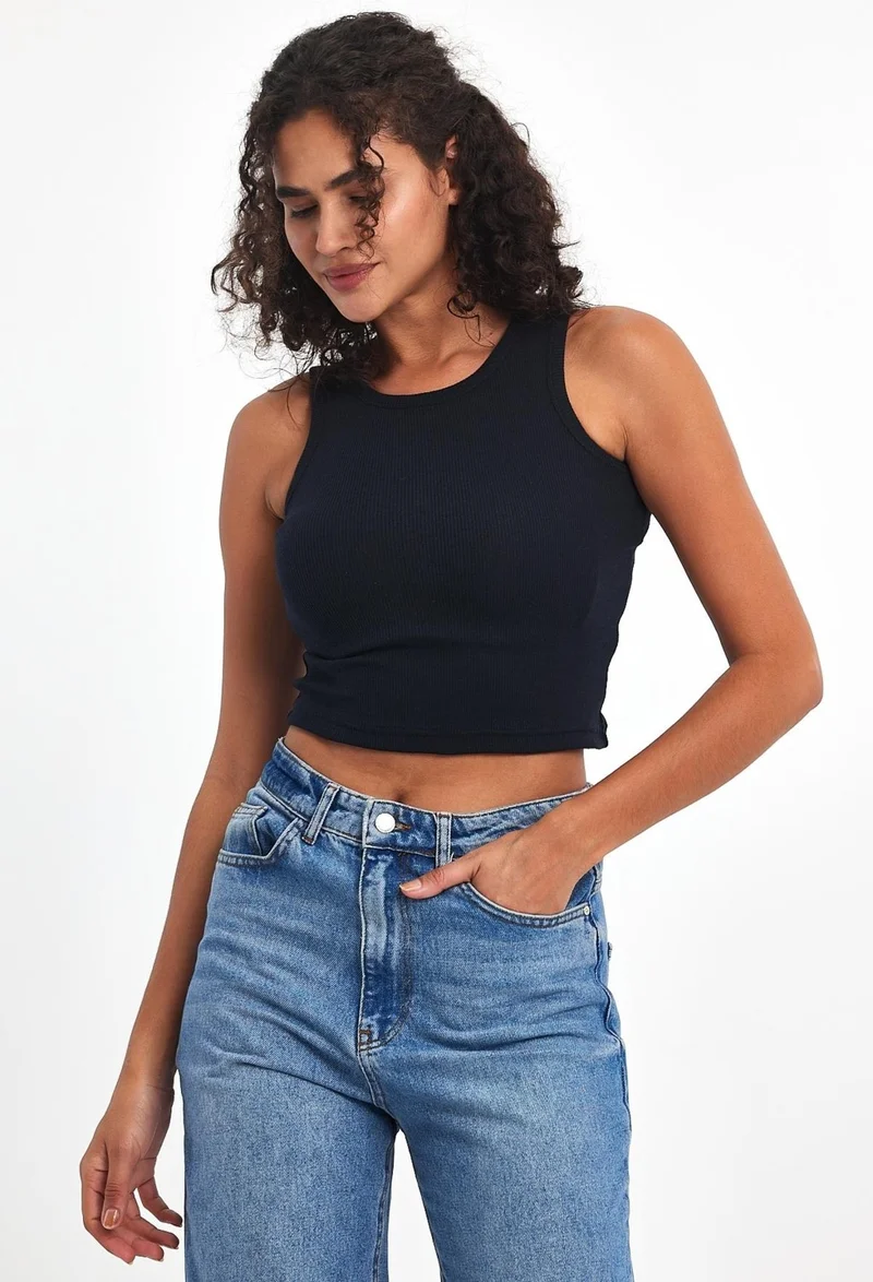 mmetalic Women's Navy Blue Ribbed Look Strappy Thick Flexible Knitted Basic Crop Tank Top Blouse
