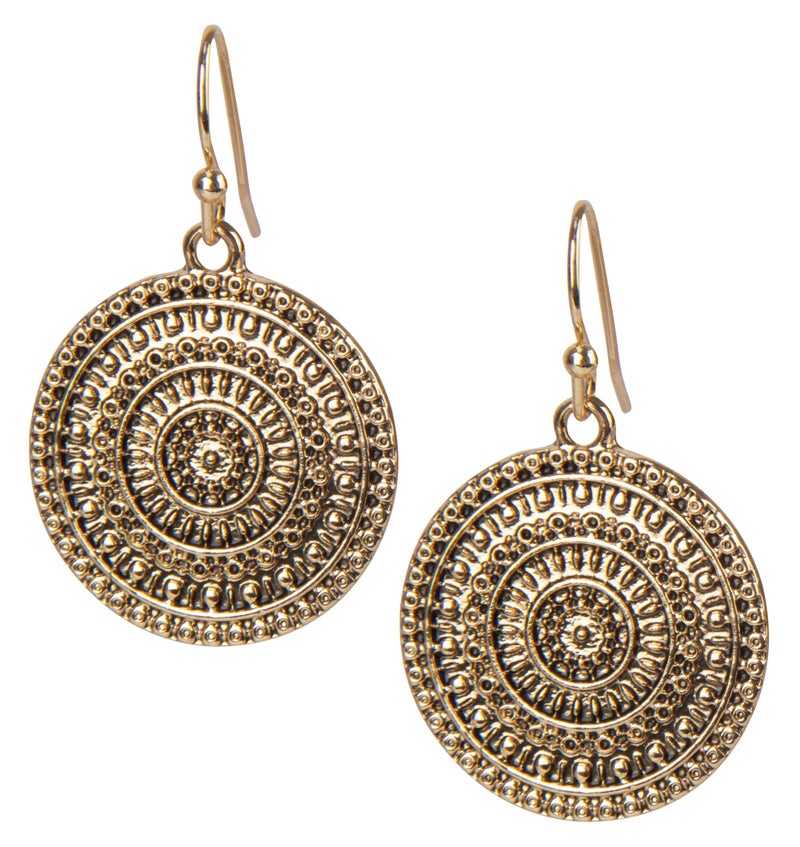 SPUNKYsoul Boho Medallion Drop Earrings for Women â€“ Lightweight Hammered Disc Dangle Earrings with Tribal Inspired Design â€“ Fashion Jewelry Gift for Free Spirits (Gold with Hook) - Image 1