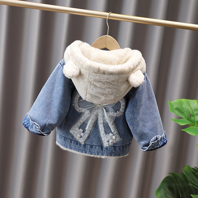 Girls' Denim Coat 2022 New Korean Style Fleece-Lined Thickened Children'S Dress Girls' Winter Western Style Top - Image 1