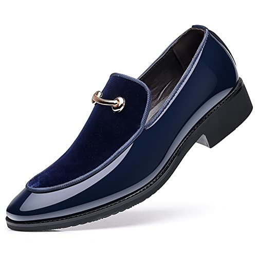 Fenlogft Men's Velvet Patent Leather Slip-on Dress Shoes Business and Parties Formal Events Smoking Slippers Loafers (Velvet Blue,9.5) - Image 1
