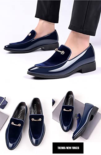 Fenlogft Men's Velvet Patent Leather Slip-on Dress Shoes Business and Parties Formal Events Smoking Slippers Loafers (Velvet Blue,9.5) - Image 2