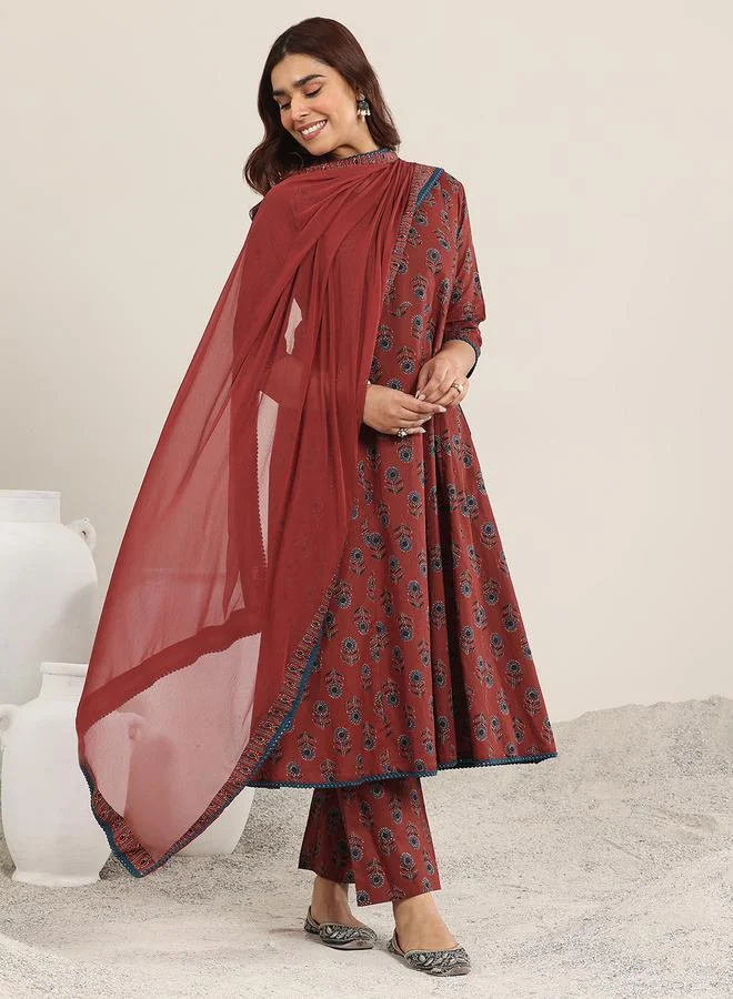 Libas Maroon Printed Cotton A-Line Kurta And Trousers Set And Dupatta