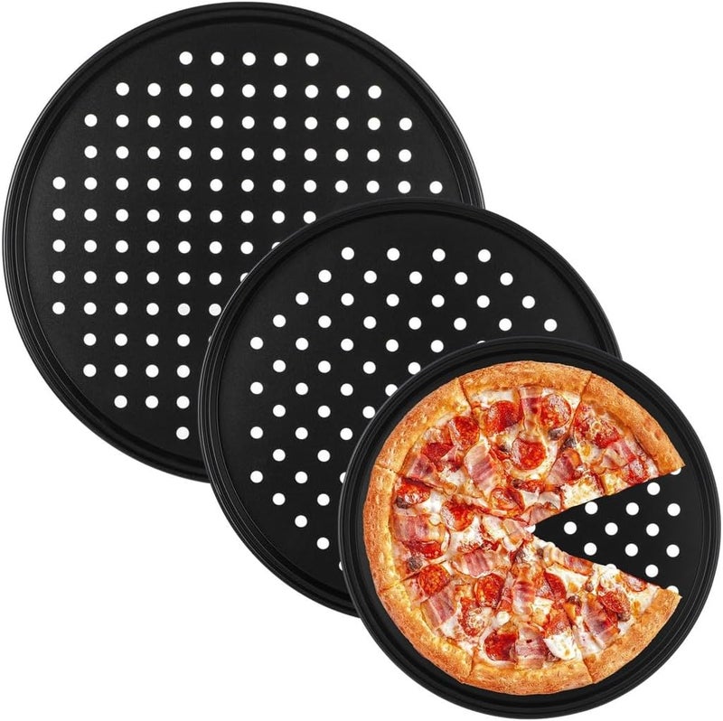 3-Piece Round Perforated Pizza Pan Set, Nonstick Carbon Steel Trays for Baking in Oven, 9.6 in 11 in 12.6 in Sizes for Kitchen Or Restaurant - Image 1