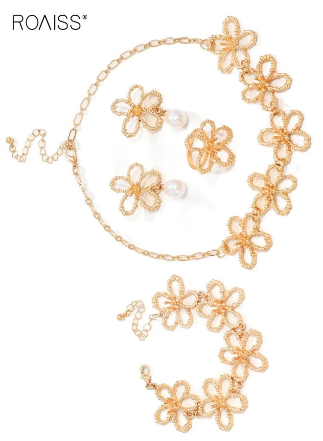 رويس طقم مجوهرات نسائي بتصميم عتيق على شكل زهرة مجوفة من المعدن، مكون من قلادة وأقراط وخاتم، بتصميم بوهيمي أنيق، مناسب للارتداء اليومي والمناسبات الخاصة - Image 5