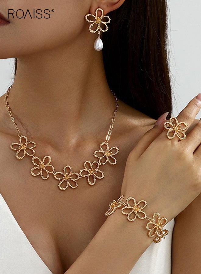 رويس طقم مجوهرات نسائي بتصميم عتيق على شكل زهرة مجوفة من المعدن، مكون من قلادة وأقراط وخاتم، بتصميم بوهيمي أنيق، مناسب للارتداء اليومي والمناسبات الخاصة - Image 1