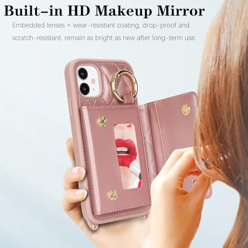 DEYHU for iPhone 11 Case with Card Holder and Strap for Women,Crossbody Lanyard, Make Up Mirror,Ring Stand,Snap Clasp,Cute Phone Wallet Cases 6.1 inch - Dark Rose Gold - Image 5