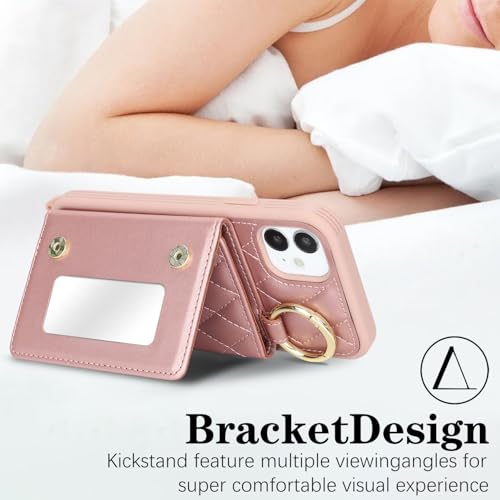DEYHU for iPhone 11 Case with Card Holder and Strap for Women,Crossbody Lanyard, Make Up Mirror,Ring Stand,Snap Clasp,Cute Phone Wallet Cases 6.1 inch - Dark Rose Gold - Image 4