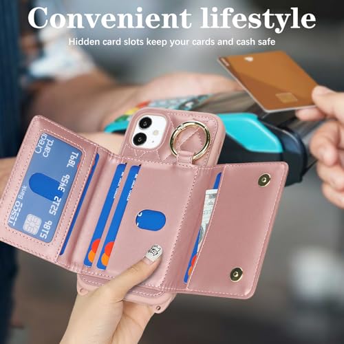 DEYHU for iPhone 11 Case with Card Holder and Strap for Women,Crossbody Lanyard, Make Up Mirror,Ring Stand,Snap Clasp,Cute Phone Wallet Cases 6.1 inch - Dark Rose Gold - Image 3