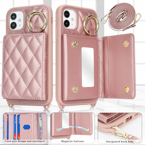 DEYHU for iPhone 11 Case with Card Holder and Strap for Women,Crossbody Lanyard, Make Up Mirror,Ring Stand,Snap Clasp,Cute Phone Wallet Cases 6.1 inch - Dark Rose Gold - Image 2