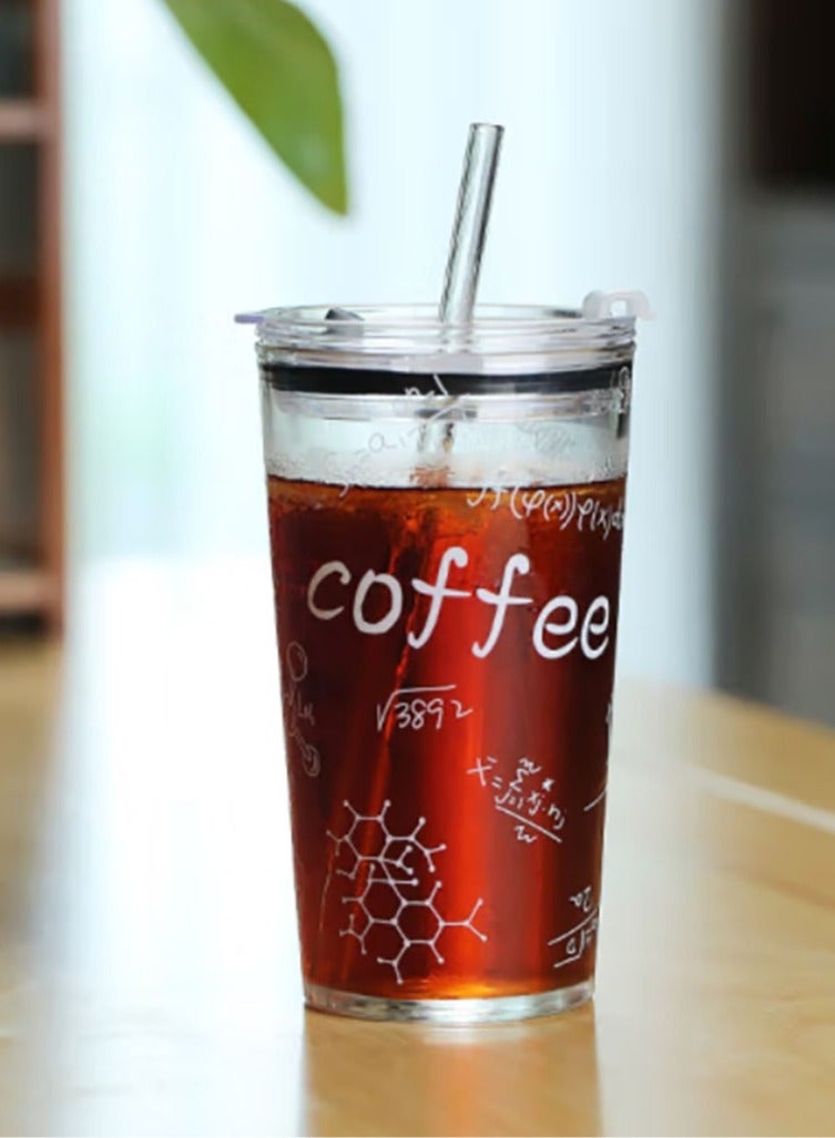 Jingke Glass Large Capacity Lid Straw Coffee Cup Juice Cup Beverage Cup Tea Cup 550ML - Image 1