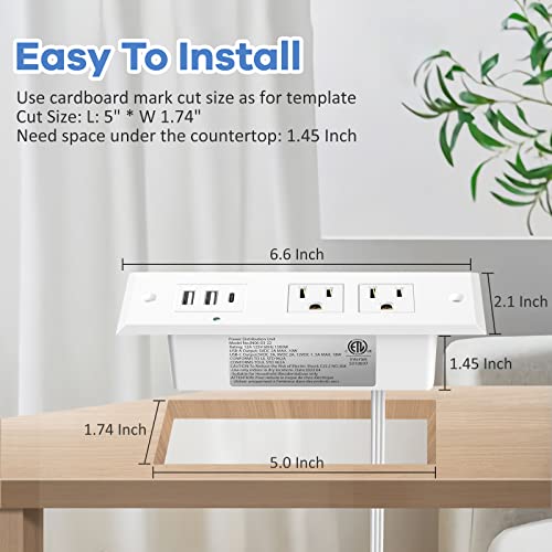 Kungfuking Recessed Power Strip with PD 20W Type-C, Desk Outlets with 2 USB-A & 1 USB-C Port, Furniture Flush Mount Power Strip for Drawer, Side Table, Conference, 45 Degree Flat Plug 6.56 FT Cord, ETL Listed - Image 3
