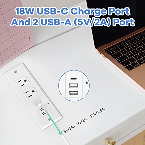 Kungfuking Recessed Power Strip with PD 20W Type-C, Desk Outlets with 2 USB-A & 1 USB-C Port, Furniture Flush Mount Power Strip for Drawer, Side Table, Conference, 45 Degree Flat Plug 6.56 FT Cord, ETL Listed - Image 4