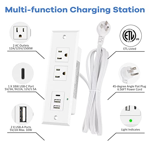 Kungfuking Recessed Power Strip with PD 20W Type-C, Desk Outlets with 2 USB-A & 1 USB-C Port, Furniture Flush Mount Power Strip for Drawer, Side Table, Conference, 45 Degree Flat Plug 6.56 FT Cord, ETL Listed - Image 2