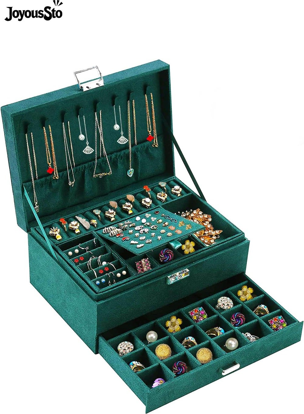 Jewelry Boxes for Women Green Velvet Jewelry Organizer with Lock,Teen Jewelry Organizers and Storage Earring and Necklace Holder Organizer Box Womens Jewelry Box for Necklaces Earrings Rings Bracelets,Green