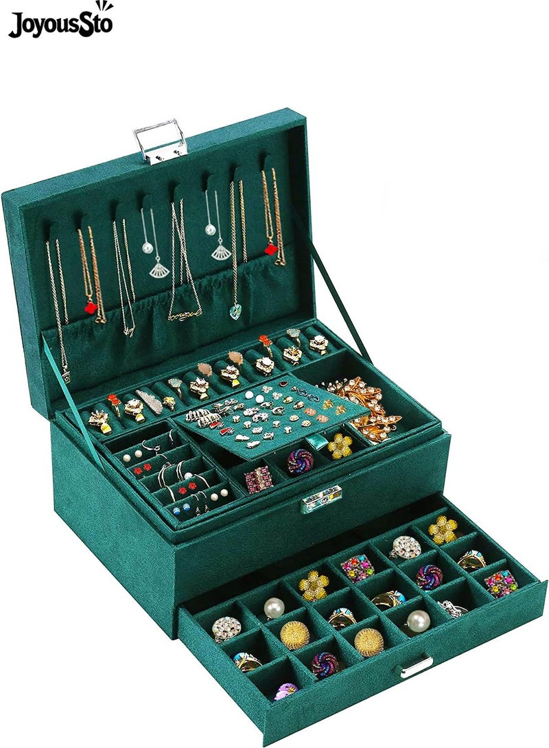 JoyousSto Jewelry Boxes for Women Green Velvet Jewelry Organizer with Lock,Teen Jewelry Organizers and Storage Earring and Necklace Holder Organizer Box Womens Jewelry Box for Necklaces Earrings Rings Bracelets,Green - Image 1
