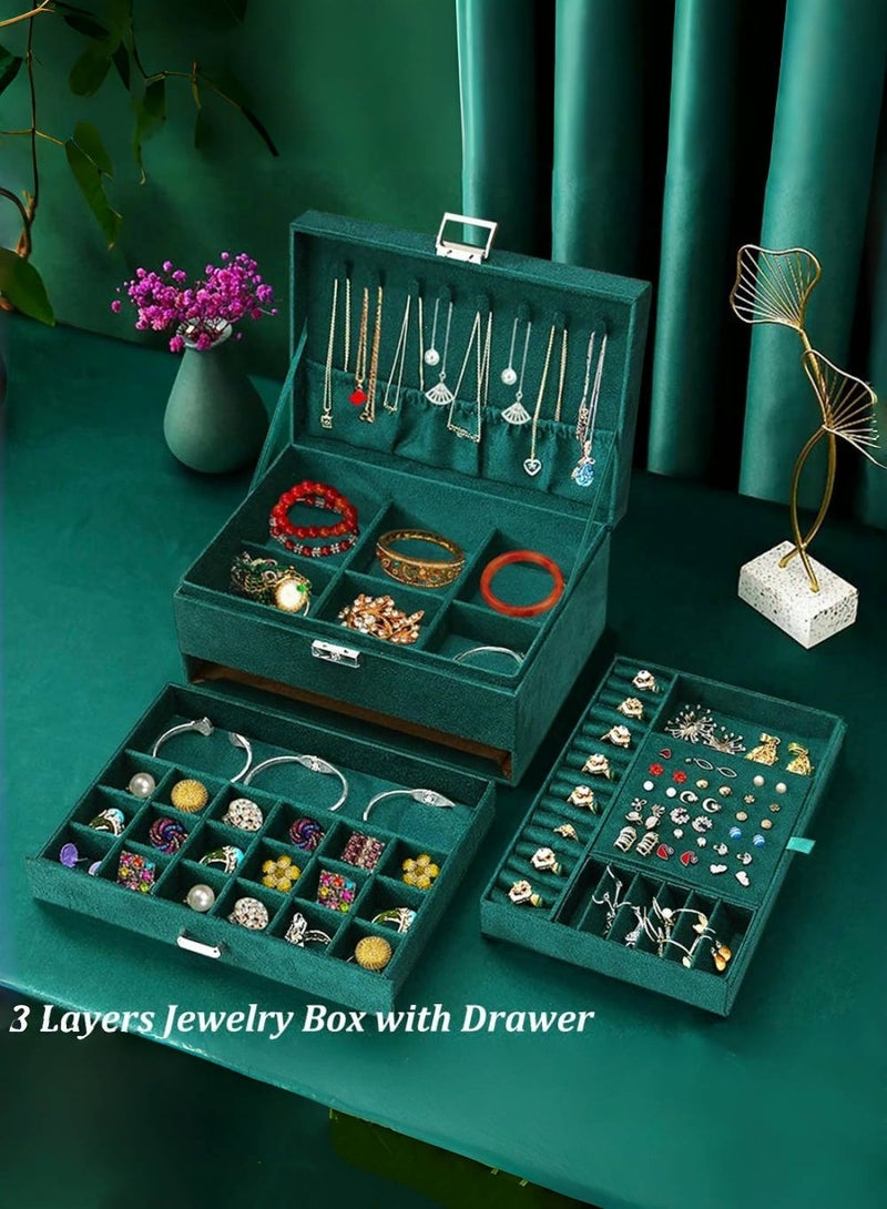 JoyousSto Jewelry Boxes for Women Green Velvet Jewelry Organizer with Lock,Teen Jewelry Organizers and Storage Earring and Necklace Holder Organizer Box Womens Jewelry Box for Necklaces Earrings Rings Bracelets,Green - Image 2